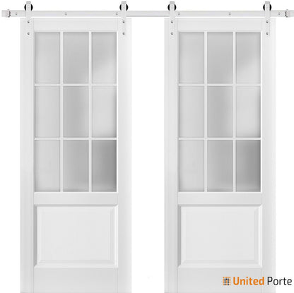 Felicia 3309 Matte White Double Barn Door with Frosted Glass and Silver Rail