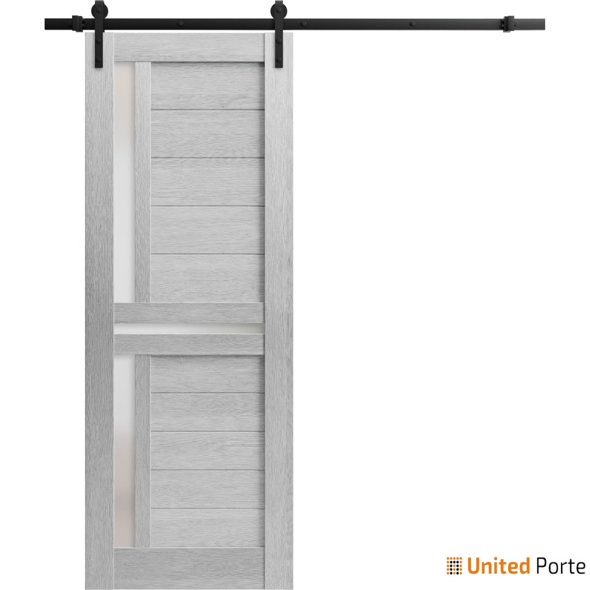 Veregio 7288 Light Grey Oak Barn Door with Frosted Glass and Black Rail