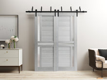 Load image into Gallery viewer, Veregio 7288 Light Grey Oak Double Barn Door with Frosted Glass and Black Bypass Rail