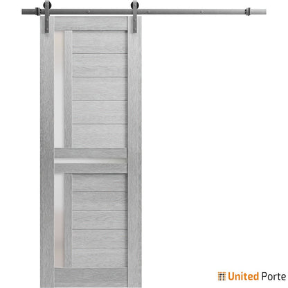 Veregio 7288 Light Grey Oak Barn Door with Frosted Glass and Silver Rail