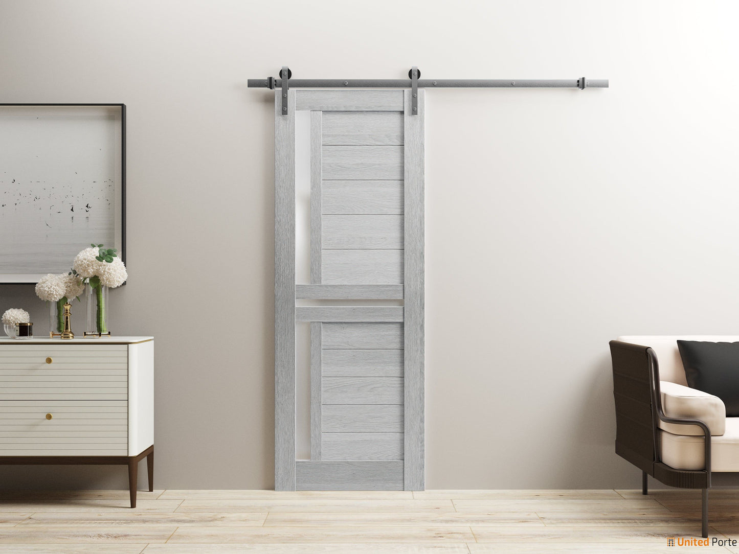 Veregio 7288 Light Grey Oak Barn Door with Frosted Glass and Silver Rail