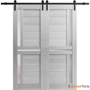 Veregio 7288 Light Grey Oak Double Barn Door with Frosted Glass and Black Rail