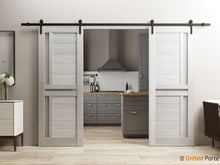 Load image into Gallery viewer, Veregio 7288 Light Grey Oak Double Barn Door with Frosted Glass and Black Rail