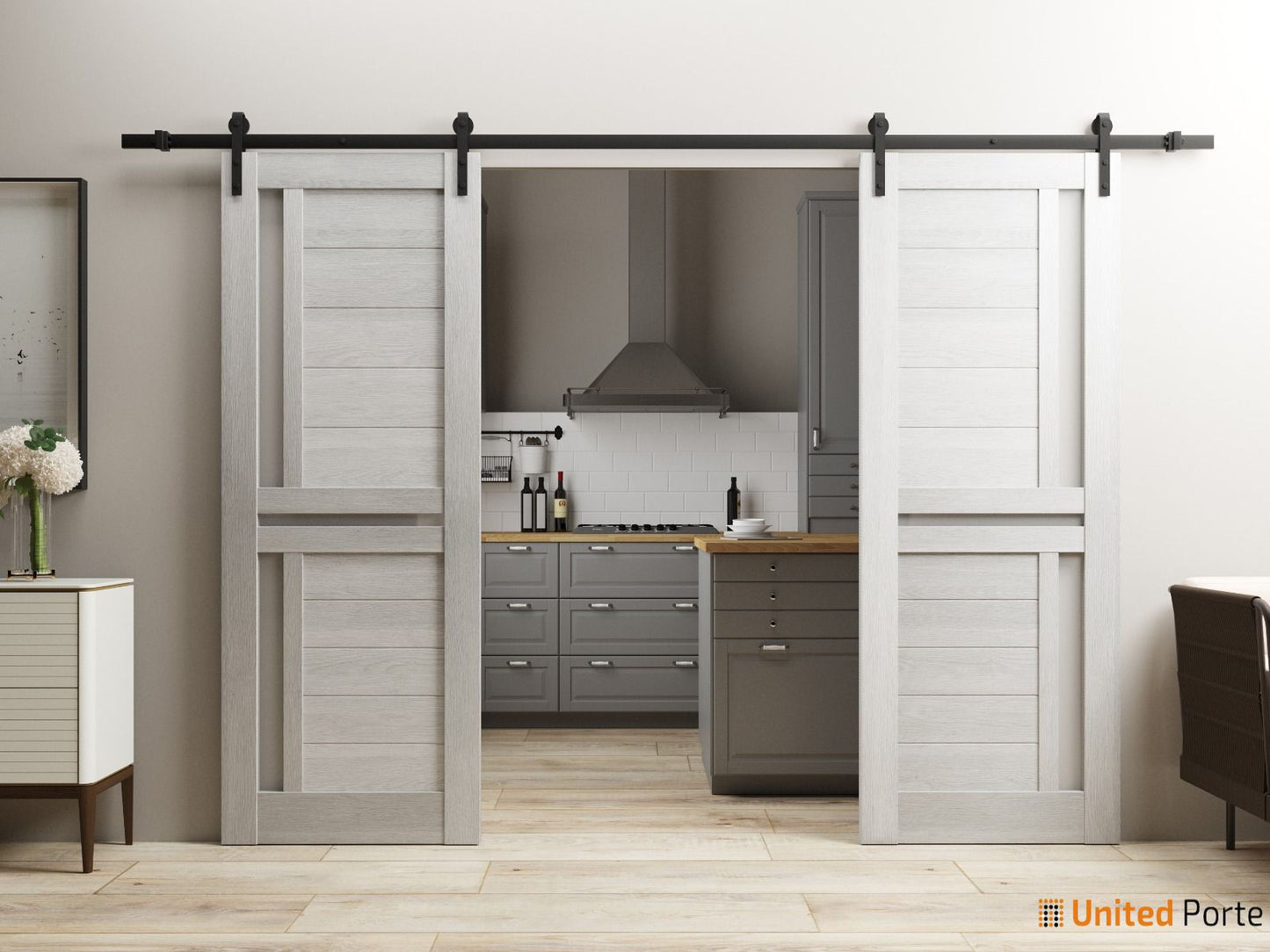 Veregio 7288 Light Grey Oak Double Barn Door with Frosted Glass and Black Rail