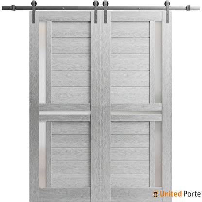 Veregio 7288 Light Grey Oak Double Barn Door with Frosted Glass and Silver Rail