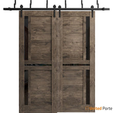 Load image into Gallery viewer, Veregio 7588 Cognac Oak Double Barn Door with Frosted Glass and Black Bypass Rail
