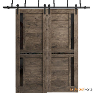 Veregio 7588 Cognac Oak Double Barn Door with Frosted Glass and Black Bypass Rail