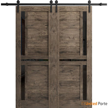 Load image into Gallery viewer, Veregio 7588 Cognac Oak Double Barn Door with Frosted Glass and Black Rail