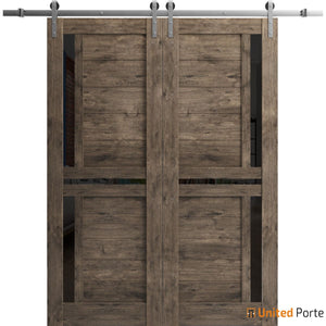 Veregio 7588 Cognac Oak Double Barn Door with Frosted Glass and Silver Rail