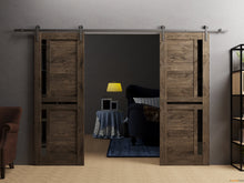 Load image into Gallery viewer, Veregio 7588 Cognac Oak Double Barn Door with Frosted Glass and Silver Rail