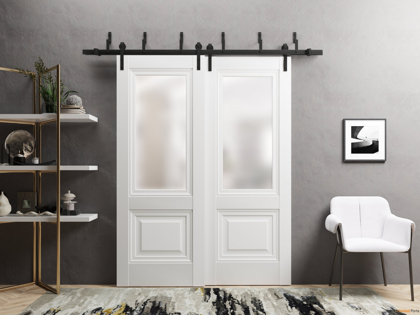 Lucia 8822 White Silk Double Barn Door with Frosted Glass and Black Bypass Rail