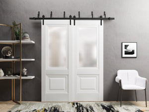 Lucia 8822 White Silk Double Barn Door with Frosted Glass and Black Bypass Rail