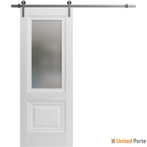 Lucia 8822 White Silk Barn Door with Frosted Glass and Silver Rail