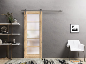 Quadro 4002 Oak Barn Door with Frosted Glass and Silver Rail
