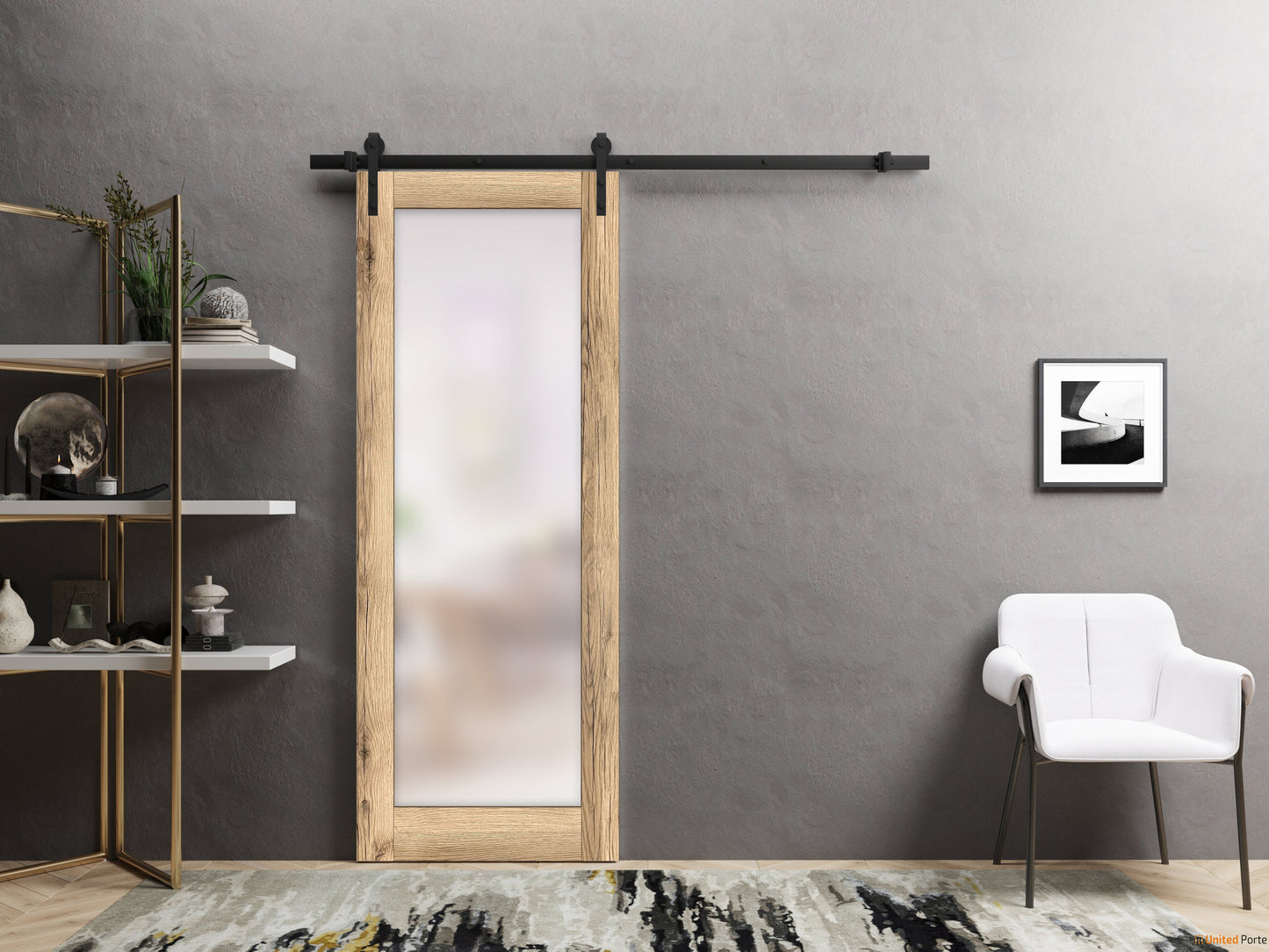 Planum 2102 Oak Barn Door with Frosted Glass and Black Rail
