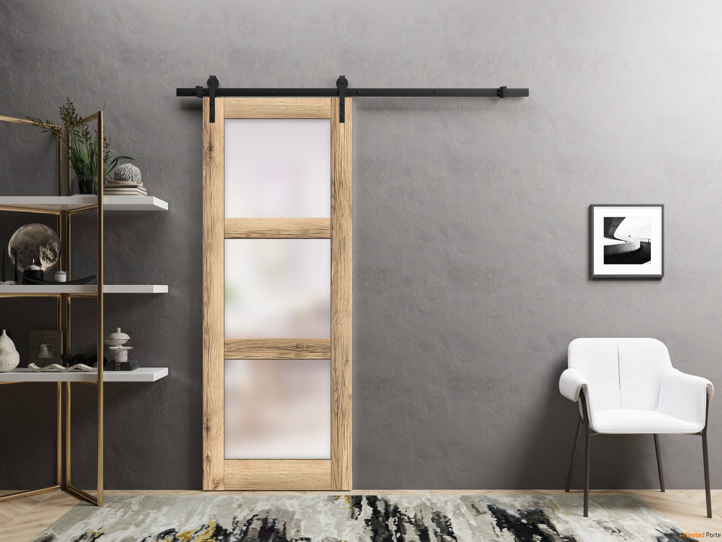 Lucia 2552 Oak Barn Door with Frosted Glass and Black Rail