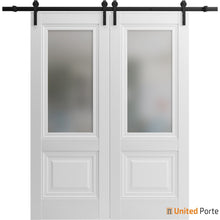 Load image into Gallery viewer, Lucia 8822 White Silk Double Barn Door with Frosted Glass and Black Rail