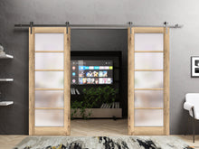 Load image into Gallery viewer, Quadro 4002 Oak Double Barn Door with Frosted Glass and Silver Rail