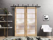 Load image into Gallery viewer, Quadro 4002 Oak Double Barn Door with Frosted Glass and Black Bypass Rail