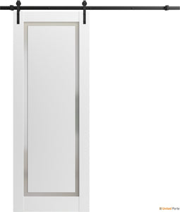 Planum 0888 Painted White Barn Door with Frosted Glass and Black Rail