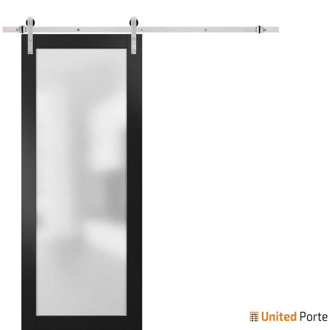 Planum 2102 Matte Black Barn Door with Frosted Glass and Silver Rail