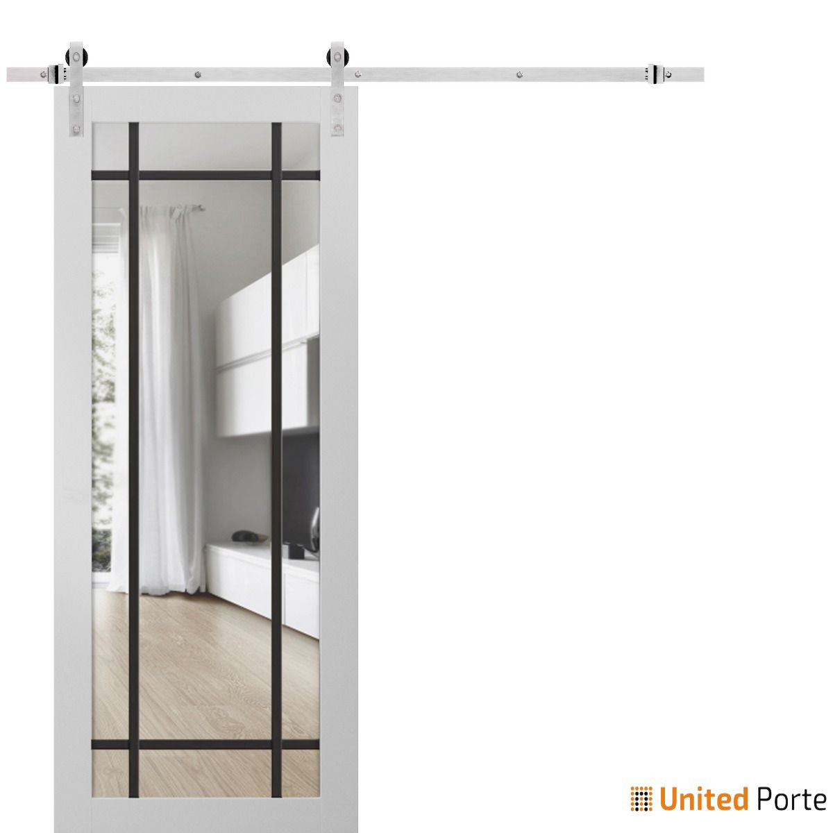 Lucia 2266 White Silk Barn Door with Clear Glass and Silver Finish Rail