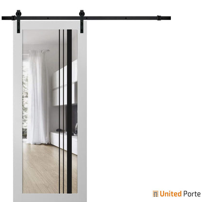 Lucia 2566 White Silk Barn Door with Clear Glass and Black Rail