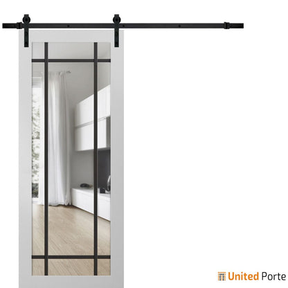 Lucia 2266 White Silk Barn Door with Clear Glass and Black Rail