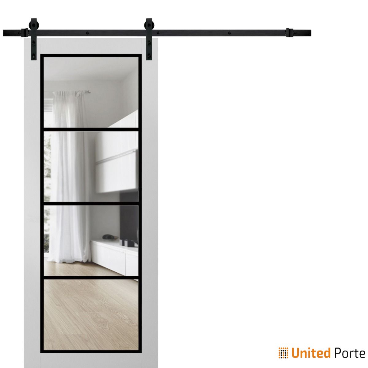 Lucia 2466 White Silk Barn Door with Clear Glass and Black Rail