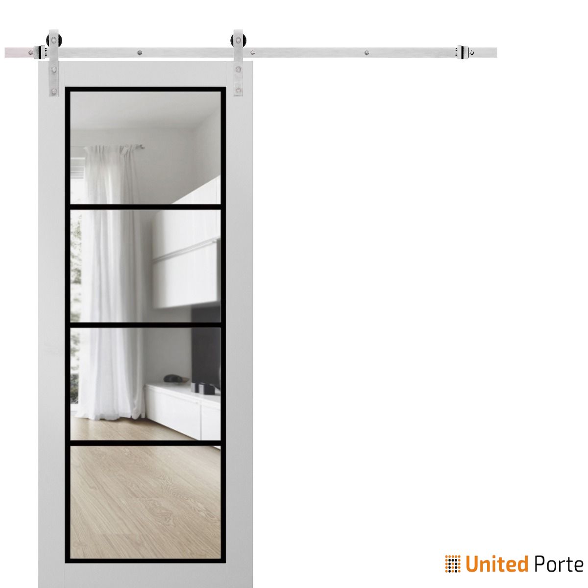Lucia 2466 White Silk Barn Door with Clear Glass and Silver Rail
