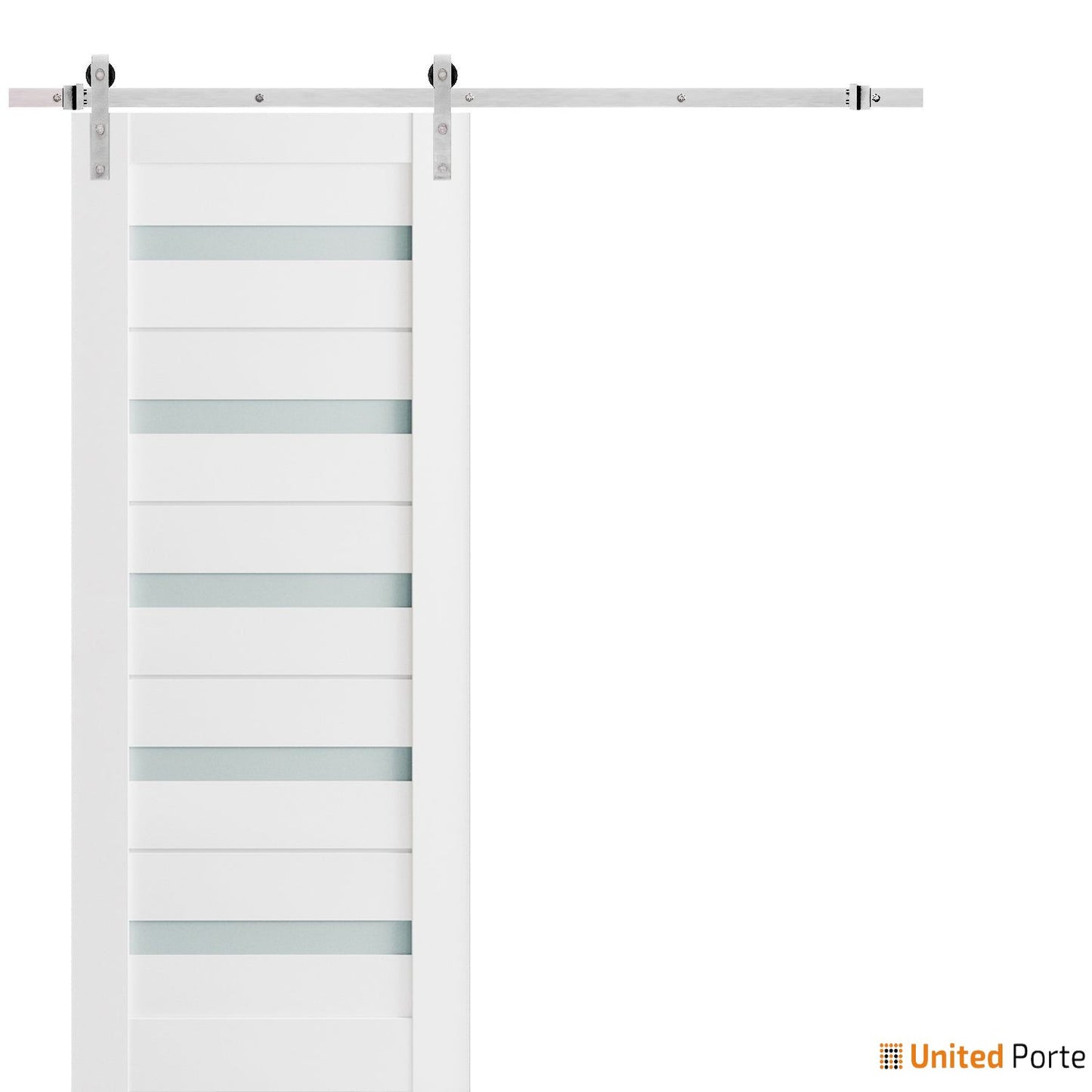 Quadro 4445 White Silk Barn Door with Frosted Glass and Silver Rail