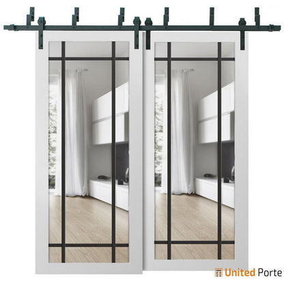 Lucia 2266 White Silk Double Barn Door with Clear Glass and Black Bypass Rail