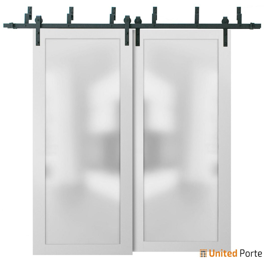 Planum 2102 White Silk Double Barn Door with Frosted Glass and Black Bypass Rail
