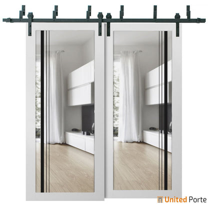 Lucia 2566 White Silk Double Barn Door with Clear Glass and Black Bypass Rails