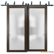 Load image into Gallery viewer, Planum 2102 Chocolate Ash Double Barn Door with Frosted Glass and Black Bypass Rail