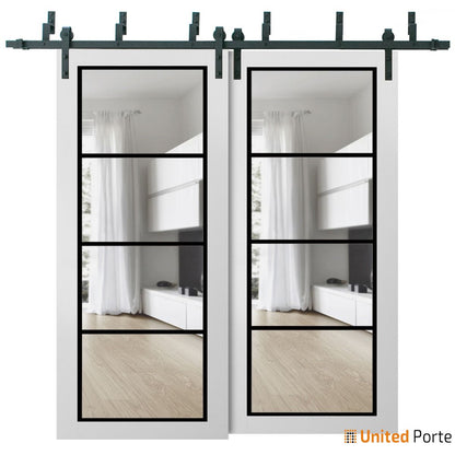 Lucia 2466 White Silk Double Barn Door with Clear Glass and Black Bypass Rails