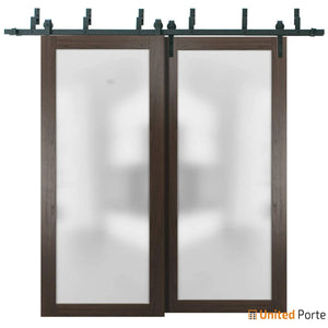 Planum 2102 Chocolate Ash Double Barn Door with Frosted Glass and Black Bypass Rail