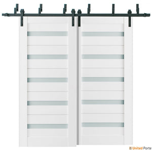 Quadro 4445 White Silk Double Barn Door with Frosted Glass and Black Bypass Rail