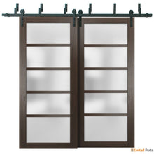 Load image into Gallery viewer, Quadro 4002 Chocolate Ash Double Barn Door with Frosted Glass and Black Bypass Rail