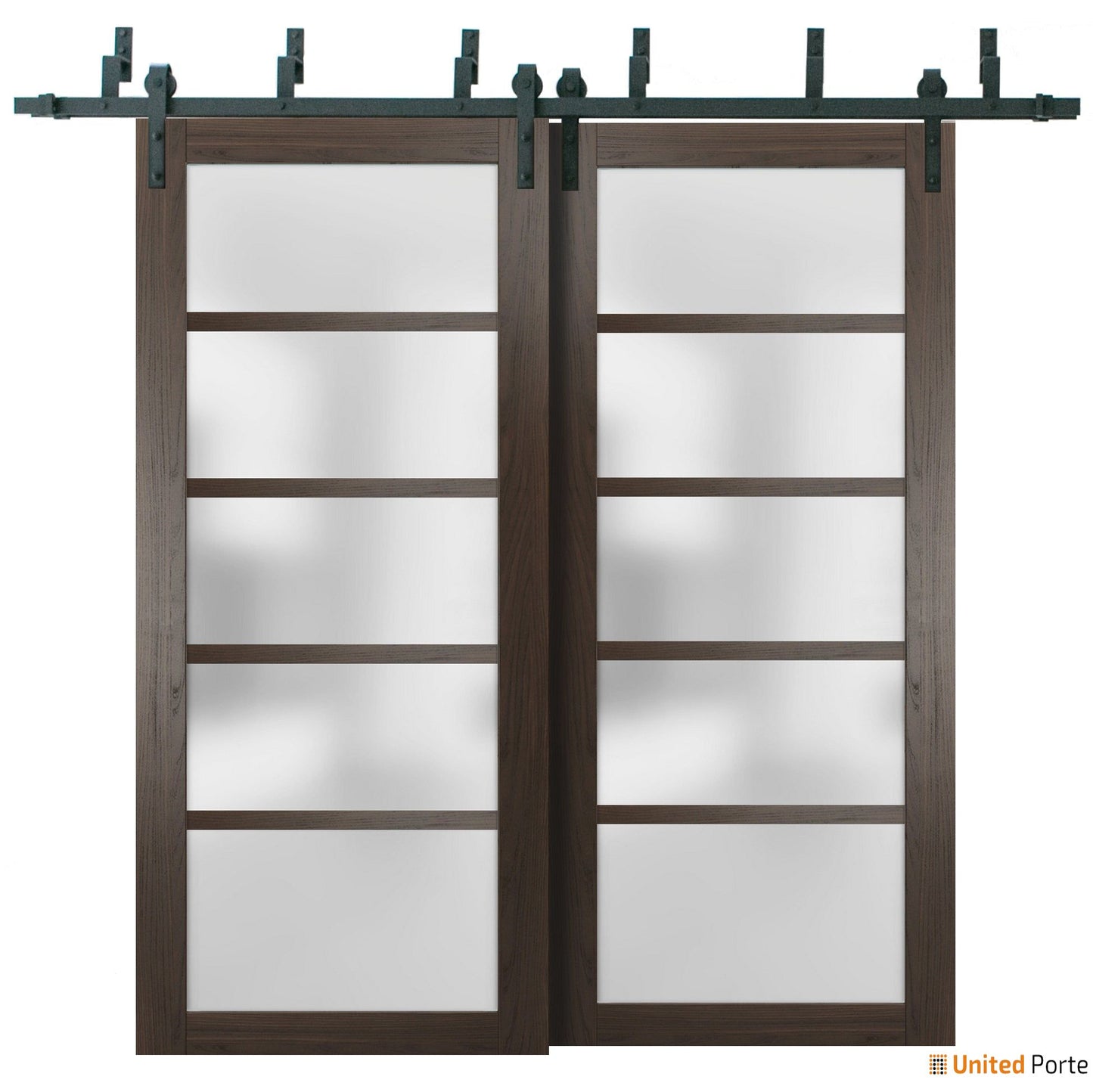 Quadro 4002 Chocolate Ash Double Barn Door with Frosted Glass and Black Bypass Rail