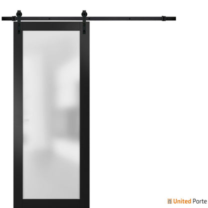 Planum 2102 Matte Black Barn Door with Frosted Glass and Black Rail