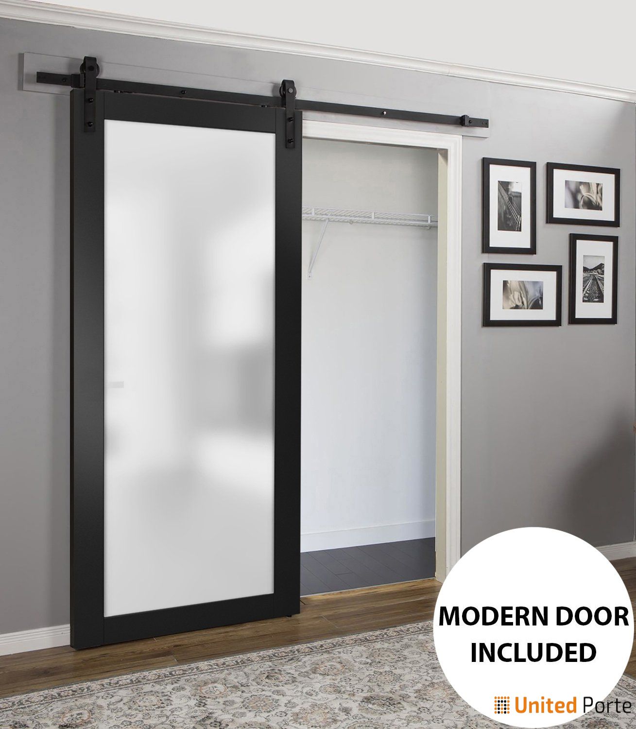 Planum 2102 Matte Black Barn Door with Frosted Glass and Black Rail