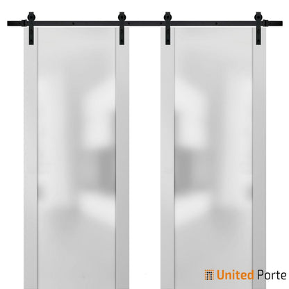 Planum 4114 White Silk Double Barn Door with Frosted Glass and Black Rail