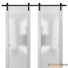Load image into Gallery viewer, Planum 4114 White Silk Double Barn Door with Frosted Glass and Black Rail