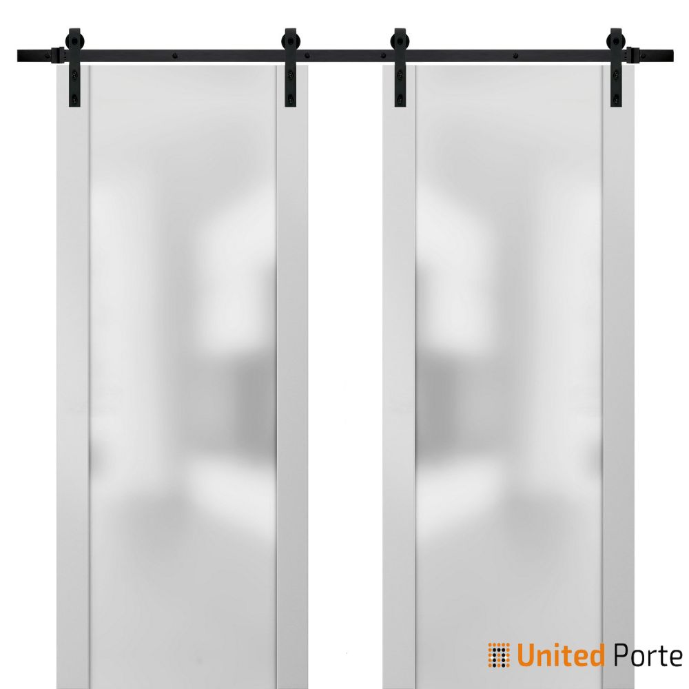 Planum 4114 White Silk Double Barn Door with Frosted Glass and Black Rail