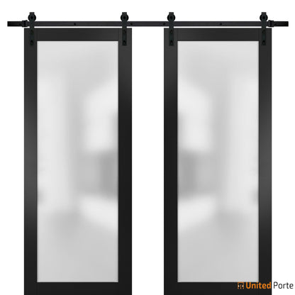 Planum 2102 Matte Black Double Barn Door with Frosted Glass and Black Rail
