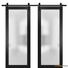 Load image into Gallery viewer, Planum 2102 Matte Black Double Barn Door with Frosted Glass and Black Rail