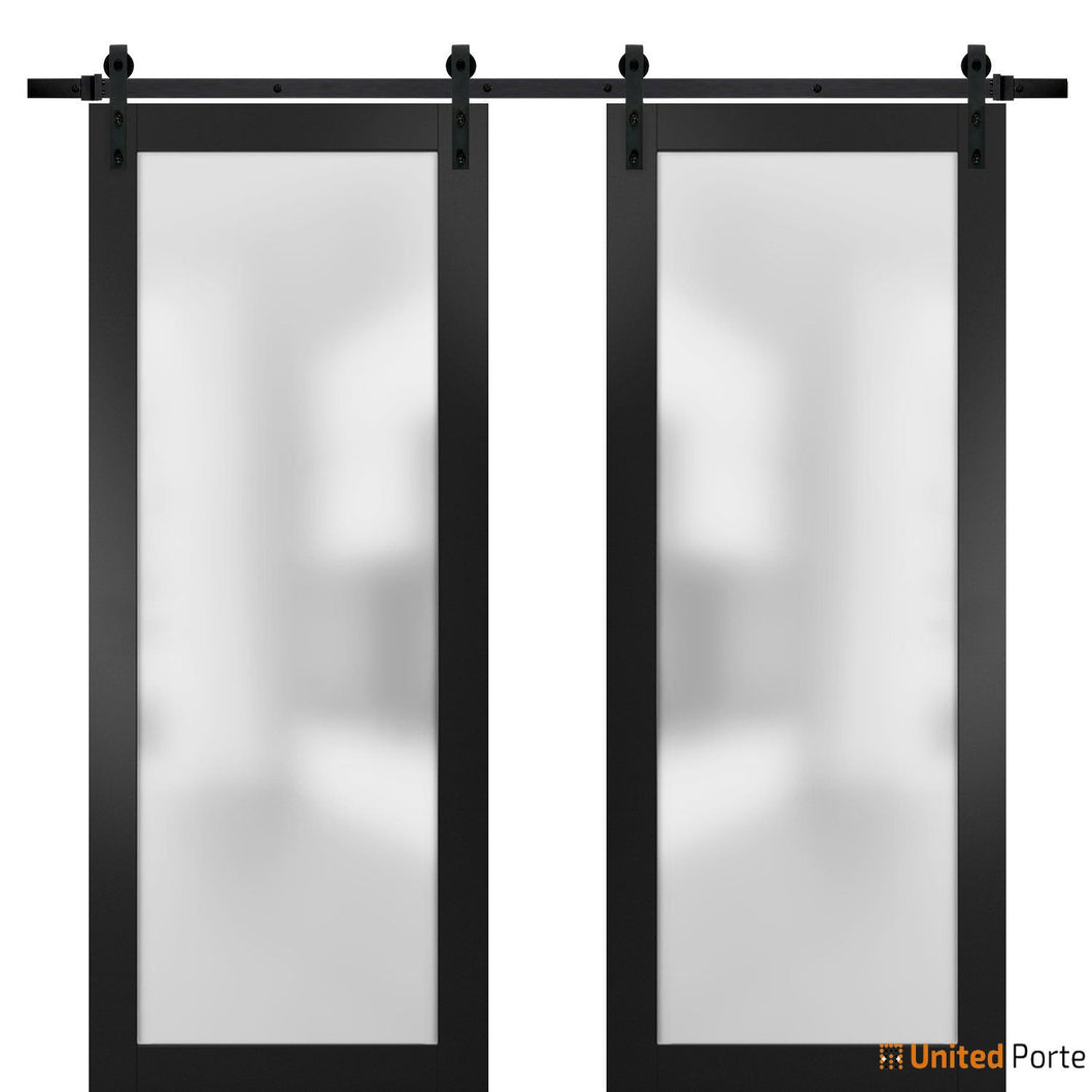 Planum 2102 Matte Black Double Barn Door with Frosted Glass and Black Rail