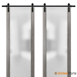 Planum 4114 Ginger Ash Double Barn Door with Frosted Glass and Black Rail