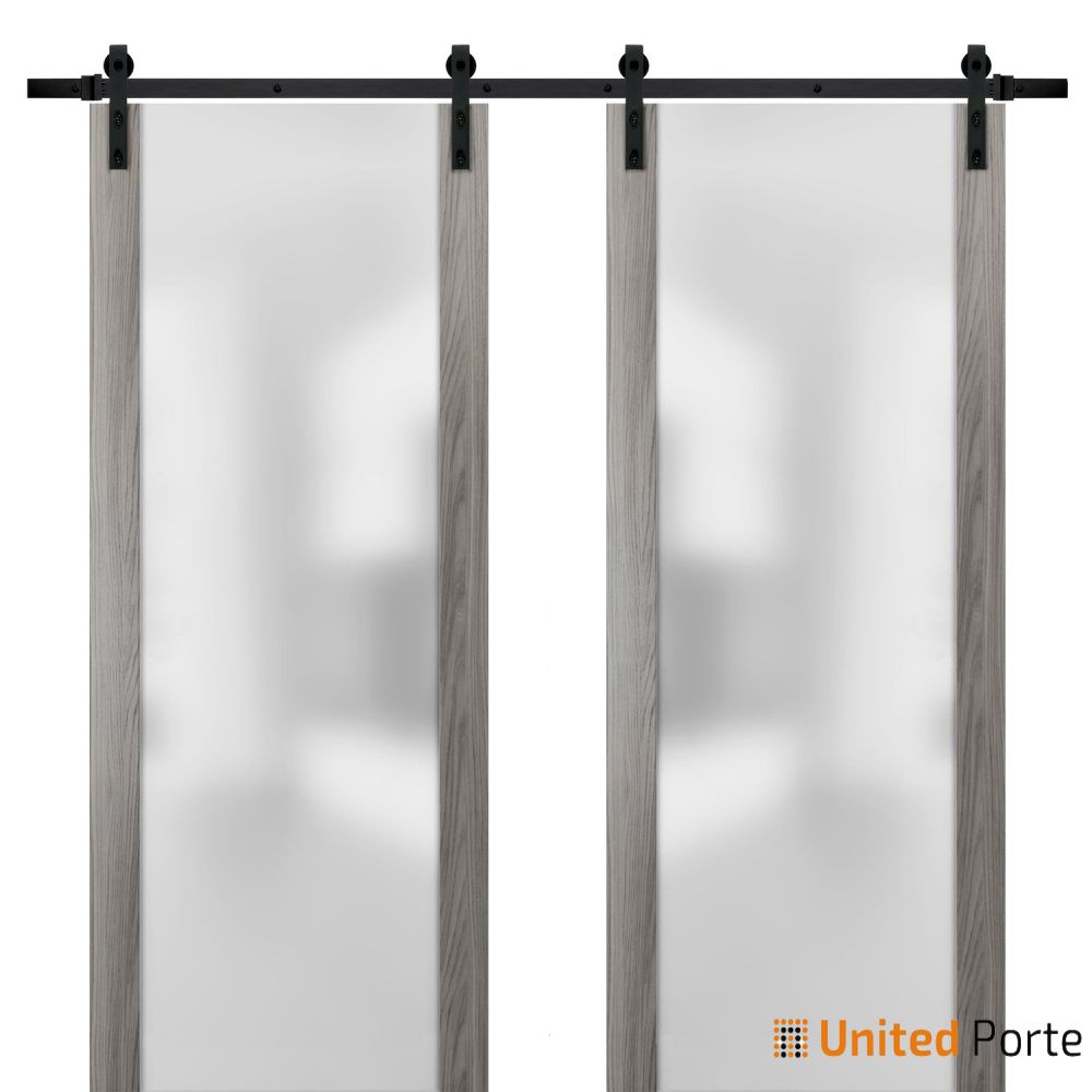 Planum 4114 Ginger Ash Double Barn Door with Frosted Glass and Black Rail